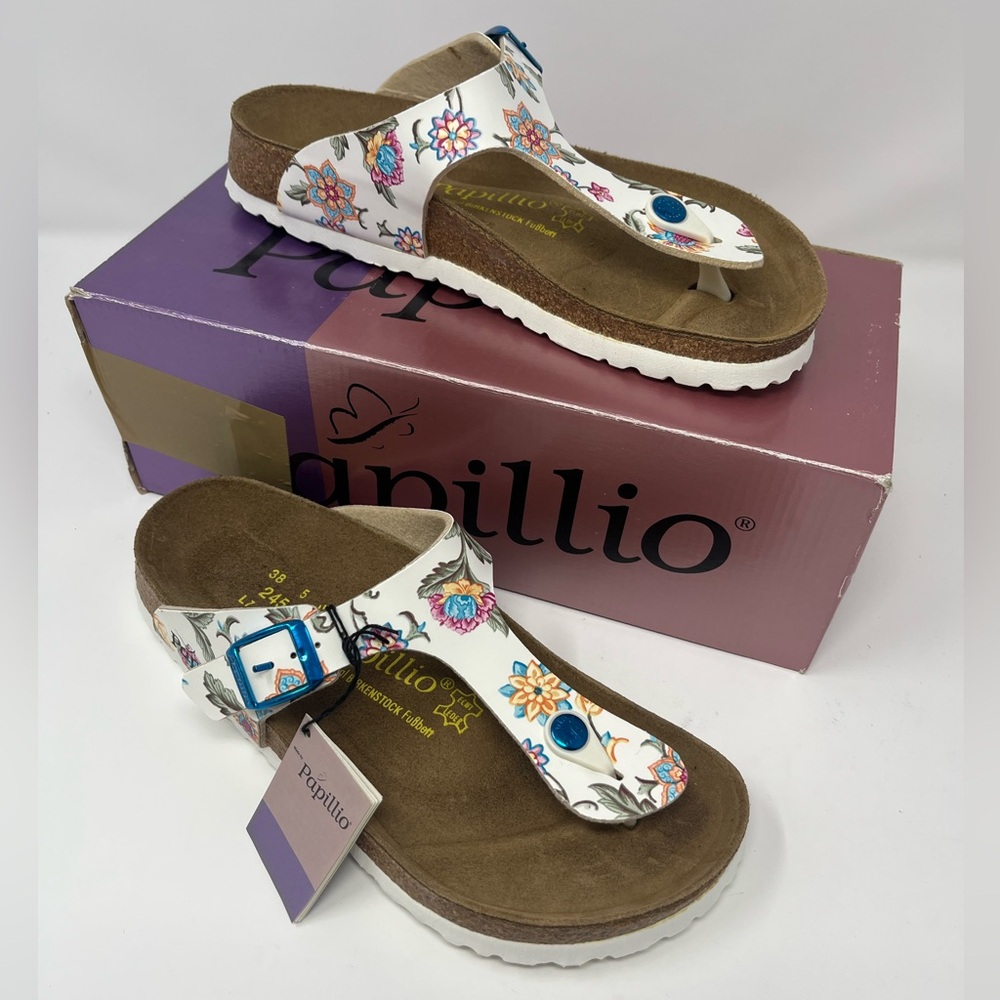 BIRKENSTOCK PAPILLIO Gizeh Birko-Flor Sandal Sz 38/ 7 US Aster White Floral NEW
